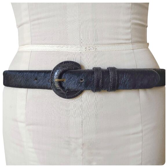 TAROX Black Hide Leather & Fur Belt Size L Minimalist Simple Statement Piece - Picture 2 of 10